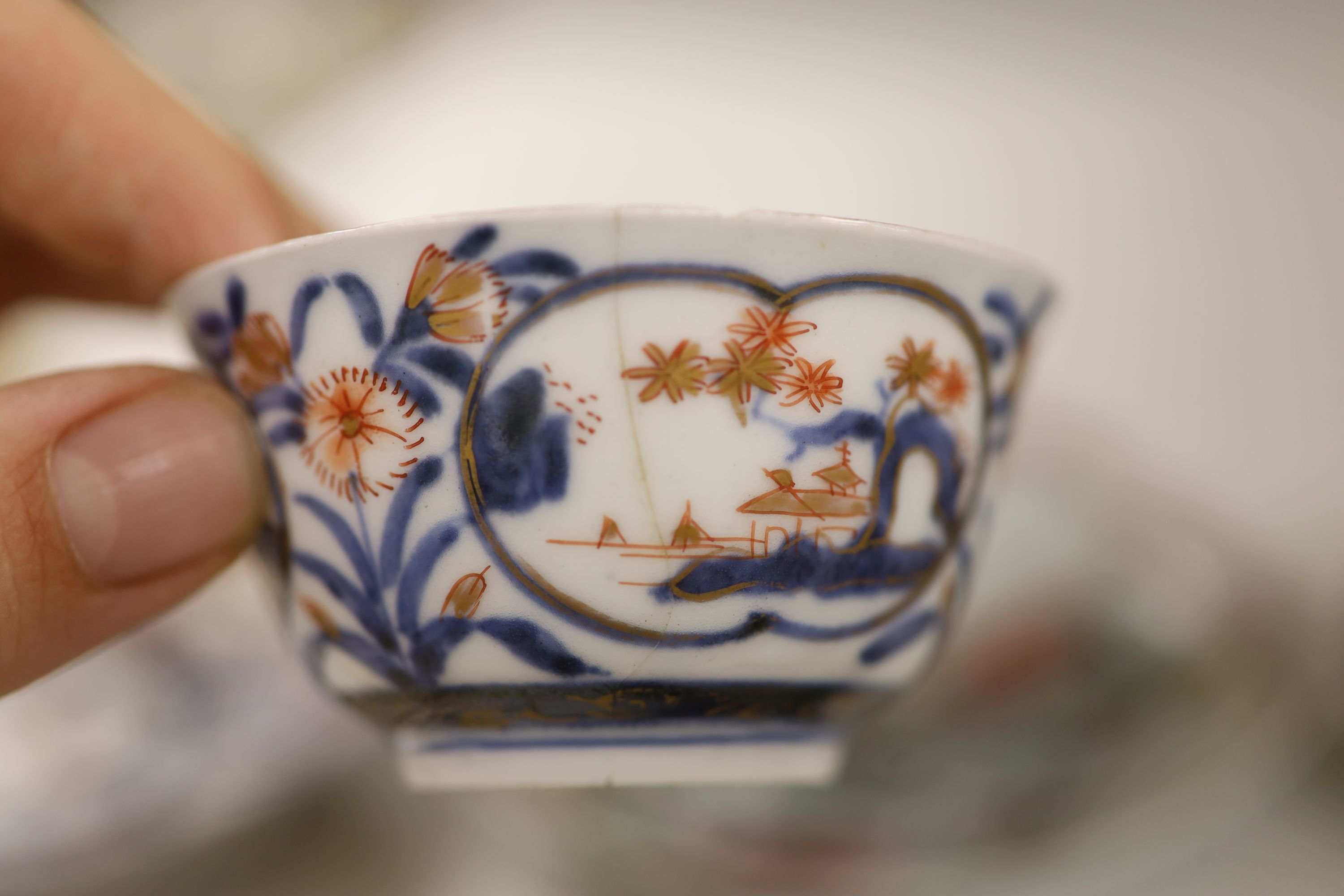 Three 18th century Chinese famille rose or Imari tea bowls together with five saucers